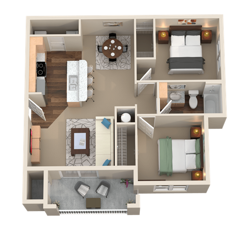 Floor plan for 2 beds, 1 bath, 849 sqft